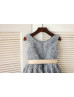 Gray Rosette Knee Length Flower Girl Dress With Champagne Sash